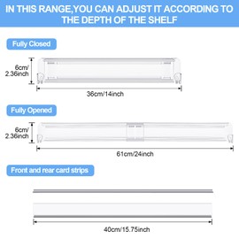 50 Pcs Adjustable Gondola Shelf Drawer Dividers with Front Fence Acrylic Retracting Item Organizer for Shelves Extendable Retail Shelf Divider with Fixed Clips for Store Library, 14" to 24" D