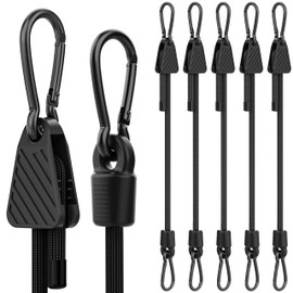 Rugtol Adjustable Bungee Cords with Hooks, 6 Pack Heavy Duty Outdoor Carabiner Bungee Cord, Black Super Elastic Bungee Straps Easily Adjust from 7" to 48", Great for Cargo, Camping, Bike Racks, Tents
