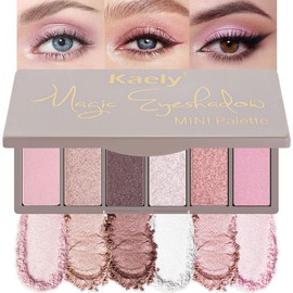 Kaely 6 Color Mini Eyeshadow Makeup Palette for Women Natural Look, Light Baby Pink Champagne Mink Mauve Pearl White Rose Shimmer Eye Shadow Palette Long Lasting Pigmented Built in Mirror Travel Size