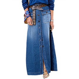 Flamingals A-Line High Rise Vintage Flap Pocket Button Down Maxi Denim Skirt Without Belt Mid Blue M