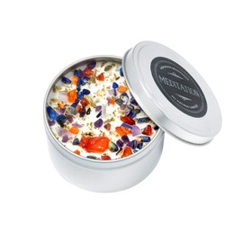 Meditation Candle by New Moon Beginnings - Crystal Candles - Soy Candle - Patchouli, Amber, Vanilla - Carnelian, Lapis Lazuli, Amethyst - 8 oz. Round Tin with lid