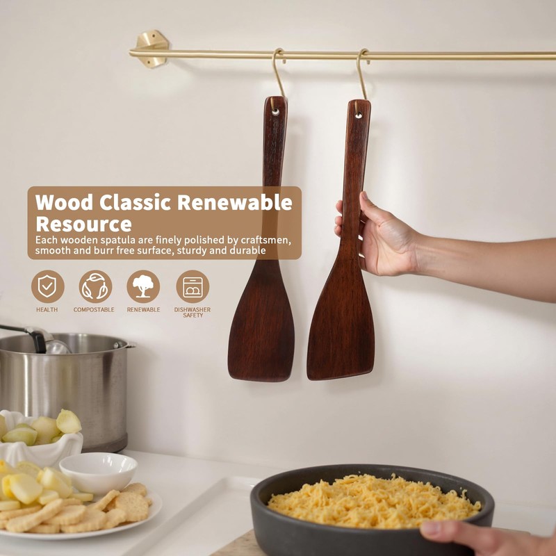 Wooden Spatula for Cooking, Long Handle Corner Spatulas for Frying