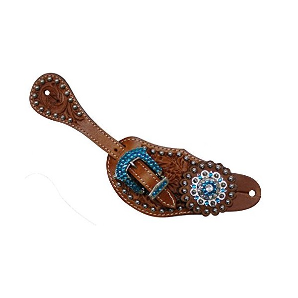 Ladies Tooled Leather Spur Straps with Blue Rhinestone