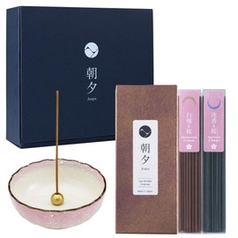 Asayu Japan Low Smoke Premium Sakura Incense Gift Set, Made in Japan, Japanese Cherry Blossom Blends Incense Sticks 2 Scents Set (Sandalwood & Agarwood Sakura Blend) + Ceramic Bowl (White Pink Holder)