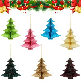 ZEYGC 7PCS Hanging Honeycomb Paper Christmas Trees Decorations, 3D Mini Glitter Edge Christmas Tree Ornaments, Pom Poms Tissue Paper Balls Party Big Xmas Trees