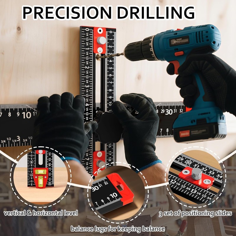 4-in-1 Drilling Positioning Jig, 35cm/14inch Multifunctional T Square Adjustable Angle