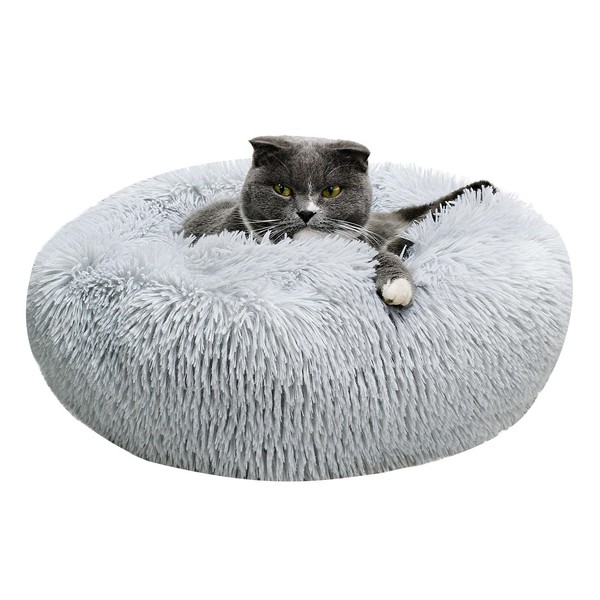 Dog Bed, 40 cm, Washable Non-Slip Round Plush Pet Bed, Round Cushion for Cats, Dogs (Light Grey)
