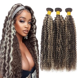 Highlight Blonde Bundles P4/613 Curly Wave Human Hair Bundles Chocolate Brown and Light Blonde Human Hair Bundles Double Weft Brazilian Human Hair Extensions 22 24 26 Inch for Black Women