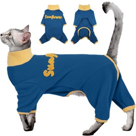 DENTRUN Cat Onesie, Stretchy Cat Pajamas Turtleneck Pullover Cloth for Cats Only, Kitten Jumpsuit, Hair Collection, Outdoor (Blue, L)