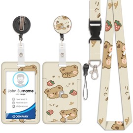 Strawberry Bear Card Holder ID ID Badge Detachable Lanyard with Retractable Clip for Key Chains, Business Cards, Door Cards, ID Cards
