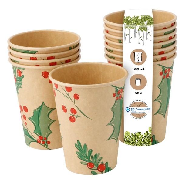 BIOZOYG Pack of 50 Brown Paper Cups Winter Motif 'Branches'