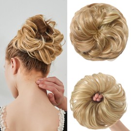 BwelsZJ Large Messy Bun Hair Piece Golden Blonde/Beach Blonde Curly Synthetic Hair Scrunchies Fake Hair Extension Chignon Updo for Women
