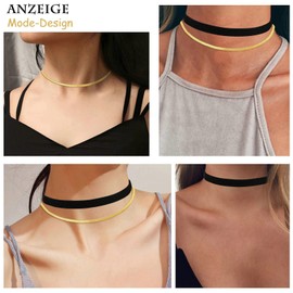 Ayoiow Women's Choker Necklace Velvet Choker Black 32 cm + Gold Snake Chain 37 cm Choker Necklace for Women Girls, Stainless Steel