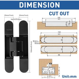 TamBee 6inch Hidden Door Hinges Invisible Hinges Concealed Hinges Zinc Alloy 180 Degree Swing Hinge 3 Way Adjustable Butt Hinge 6 x 2.5 x 1 inch Black (2 Pack)