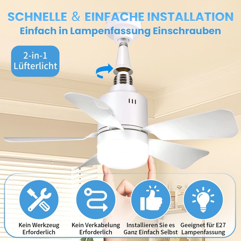 PKKP Ceiling Fan with Lighting, 72 W Adjustable 3 Speeds,