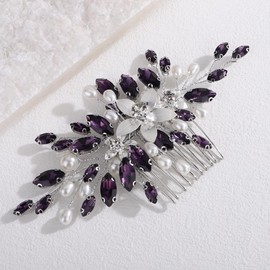 Lenjicons Elegant Flower Rhinestone Hair Comb Faux Pearls Rhinestone Wedding Headpiece Luxuries Crystal Beads Bridal Hair Comb Wedding Hair Accessories for Women (purple)