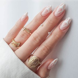 Medium almond Pink Press on Nails, Artificial Acrylic Fake Nails with White Flame Designs Full Cover Reusable Coffin False Nails Set Women Glue on Nails Stick on Nails for Nail Art