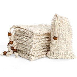 Ramie Soap Bags for Solid Soap, Hanging Soap Bag for Showering, Drawstring with Wooden Beads, Soap Net for Solid Soap, Natural Soap Bags, Pack of 10