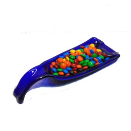 Melted Cobalt Blue Wine Bottle with Bent Neck Upcycled Shallow Snack Serving Dish Bowl