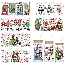 Christmas UV DTF Cup Wraps for 16Oz, 6 Sheets Rub on Transfers for Crafts, Cup Stickers for Glass, Nightmare Before Christmas Stickers, Waterproof UV DTF Transfer Stickers for Cups Furniture Wood