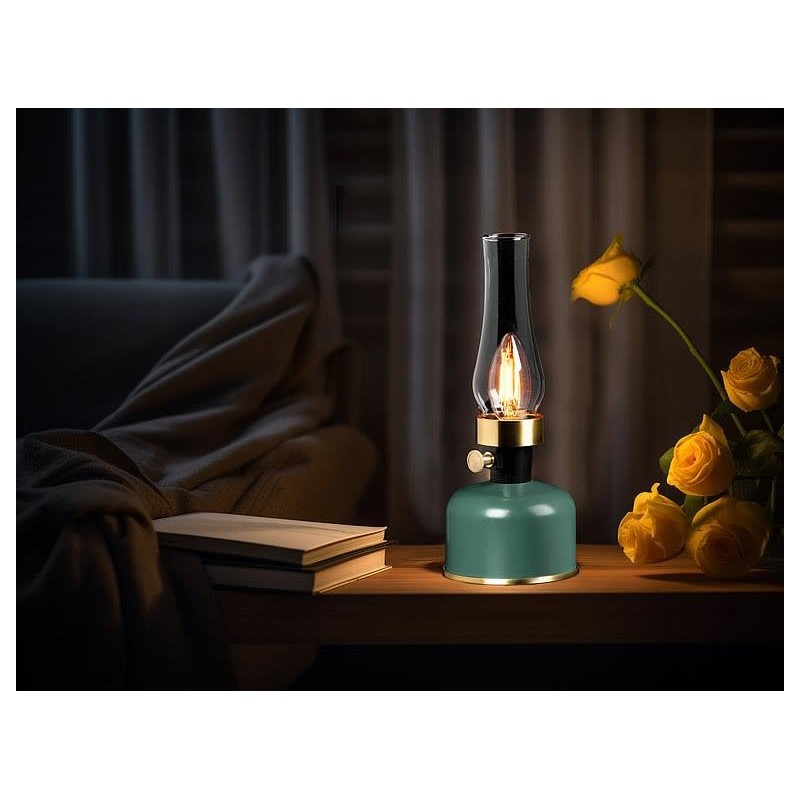 Abbott Collection Green Lantern LED Lamp with Chimney, Portable Table