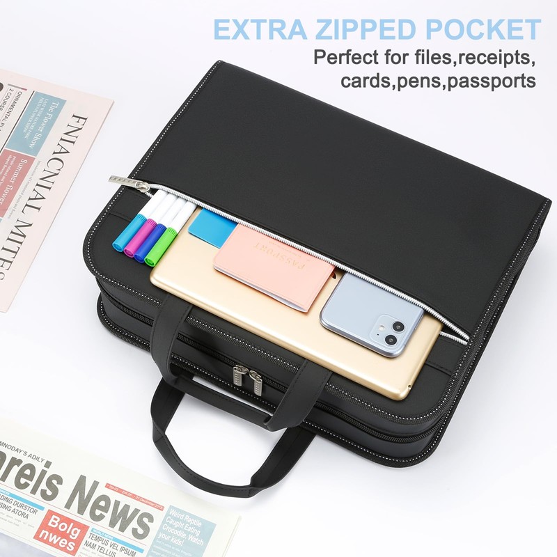 MRLUKwin PU Leather Accordion File Organizer with Handle & Strap，12