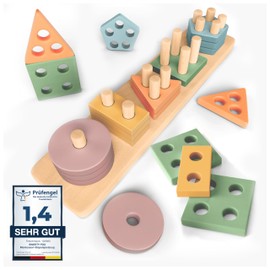 Sweety Fox Montessori Stacking and Sorting Toy, 1/2/3 Years, Wooden Activity and Development Toy in Pastel Colours, Montessori Games for Toddlers from 1 Year of Age