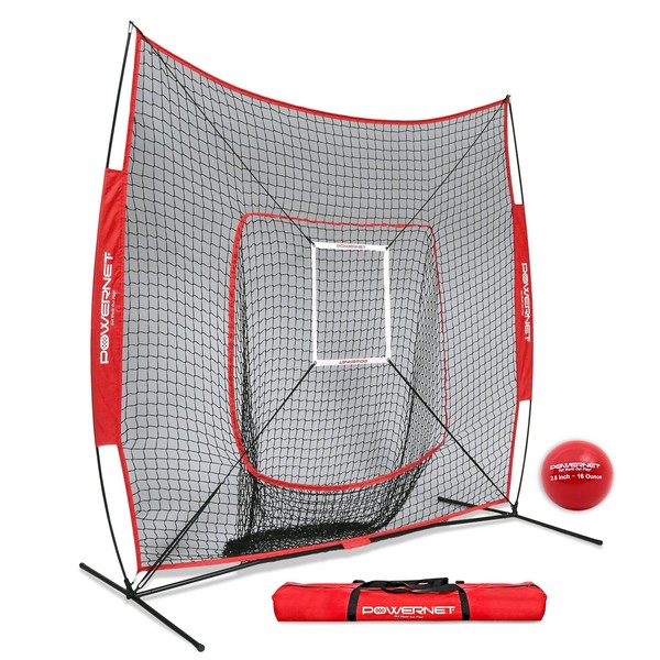 PowerNet DLX 7x7 Baseball Softball Hitting Net + Weighted Heavy Ball + Strike Zone Bundle |Training Set | Practice Equipment Batting Soft Toss Pitching | Team Color | Portable Backstop (Red)