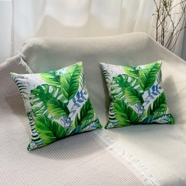 Hunpas Banana Leaf Pillow Covers 18"x18" Set of 2, Square Short Plush Tropical Palm Leaves Pillow Cover for Home, Sofa, Western Couch, Living Room. Outdoor Decorative Pillow Covers
