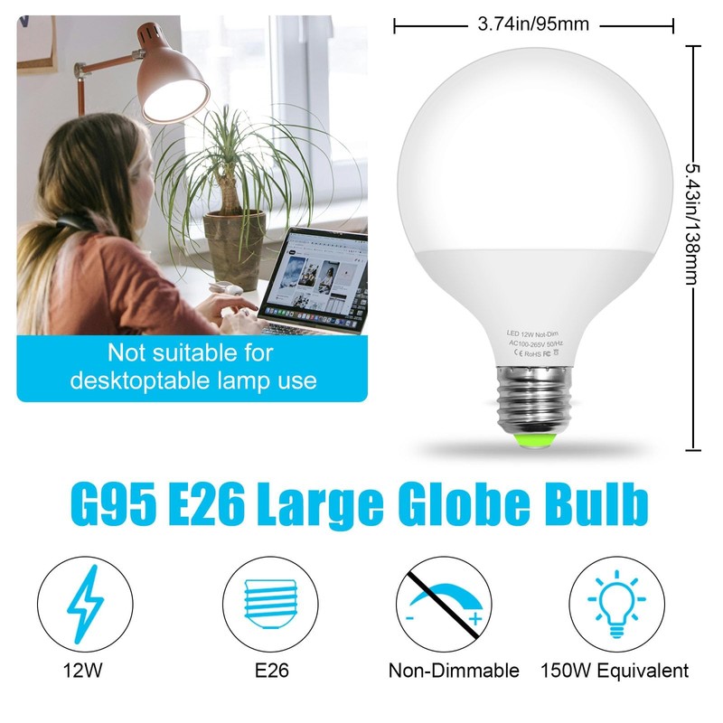 LFLAMPON G95 LED Globe Light Bulbs, 12W(150W Equivalent) Large Globe