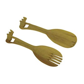 Hand Carved Wood Decorative Rhinoceros Handle Salad Server Set
