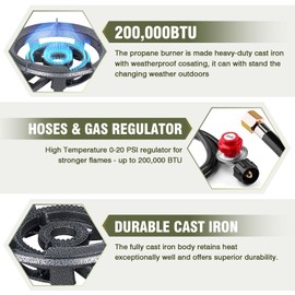 BESTFIRE 13" Single Propane Burner Stove 90,000 BTU Cast Iron Portable Outdoor Burner with 0-20 PSI Adjustable Regulator and Stainless Steel Hose Perfect for Outdoor Wok Cooking