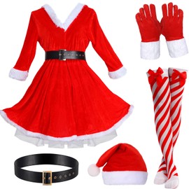 Vicenpal 5 Pcs Christmas Santa Costume Set Claus Costume with Xmas Hat Fur Gloves High Socks Red Outfits Dress for Women(L)