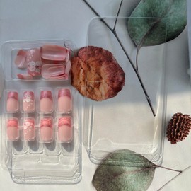 Flower Press on Nails Spring Fake Nails Short Square False Nails with Pink Blossoms Designs French Tip Glue on Nails Spring Stick on Nails Summer Full Cover Cute Acrylic Nails Glossy Artificial Nails