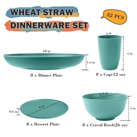 Perlapoc Wheat Straw Dinnerware Sets, 32 PCS Dishes Set for 8, Unbreakable Plates and Bowls Sets, Microwave Safe Dinnerware Set for Kitchen Outdoor Camping RV - Green