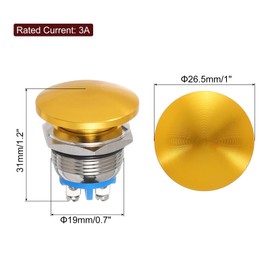 METALLIXITY 1PCS 3A 19MM 3/4" Momentary Mushroom Head Push Button Switch 12V 24V 120V 250V AC Gold 1NO Waterproof IP65 SPST Domed Round Self-resetting Button