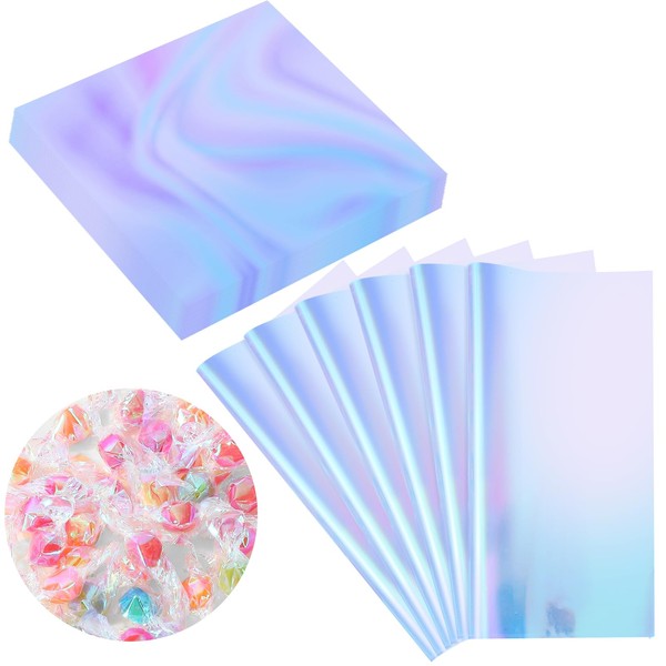 JarThenaAMCS 200Pcs Cellophane Sheets Iridescent Film Cello Wrapping Papers Holographic Candy Chocolate Wrappers for DIY Crafts Caramels Apples Decoration, 9 x 9 Inch