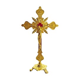 Standing Cross Decor Crucifix with Base 10" Tabletop Metal Jesus Christ Catholic Wood Crafted Antique Gold Cross for Table Home Chapel Decoration Religious Gifts