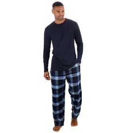 Style It Up Mens Long Sleeve Plain Top Checked Bottoms Sleepwear Pajama Set Crew Neck Warm Cozy Super Soft Adults Loungewear (BLUE-NAVY, XL)