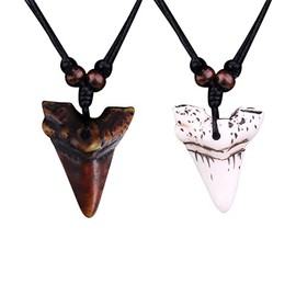 COLORFUL BLING Shark Tooth Pendant Necklaces Shark Teeth Wax Rope Necklace Summer Beach Resin Tooth Shaped Pendant Surfer Leather Necklaces for Women Men-Brown+White
