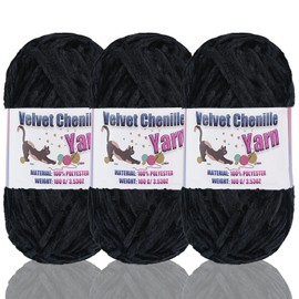 3 * 100g Fluffy Velvet Chenille Yarn for Crocheting and Knitting, Handcrafts Weaving Soft Chenille Yarn for Crocheting, Used for Making Baby Yarn Blanket, Clothes (3 - Black)