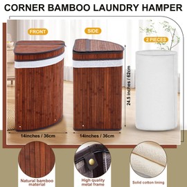 Gueevin Corner Laundry Hamper with Lid and 2 Removable Cloth Liners Bamboo Corner Laundry Basket Collapsible Clothes Basket Storage Bin for Bedroom Bathroom Laundry Living Room (Espresso Color)