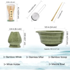Matcha Whisk Set, Japanese Tea Set includes Matcha Bowl with Spout, Bamboo Matcha Whisk and Matcha Scoop, Matcha Whisk Holder, Stainless Steel Sifter, Tea Making Tools, 5Pcs Matcha Kit for Matcha Love