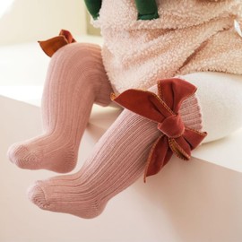 Merqwadd 4-Pack Baby Girls Knee High Socks Infants Toddlers Bow Knit Socks Cotton Tube Ruffled Stockings (Holiday Colors Assorted,0-12 Months)