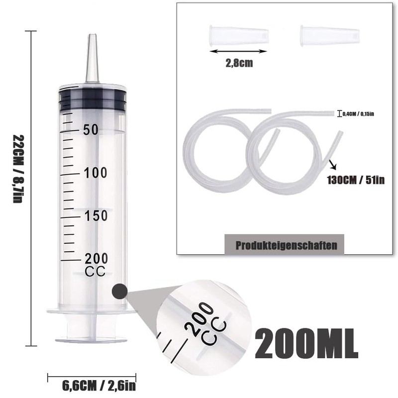 2 Piece Syringe Set with Hose, 200 ml Plastic Syringe