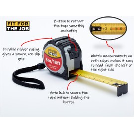 Fit For The Job 5m Tape Measure, Soft Grip Auto Lock Retractable Measuring Tape with Metric Measurements, Wrist Loop and Belt Clip