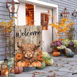 Fall Highland Cow Garden Flags 12x18 Double Sided, Welcome Fall Pumpkin Yard Flag for Outside Decor, Autumn Thanksgiving Holiday Outdoor Seasonal Decorations for Home