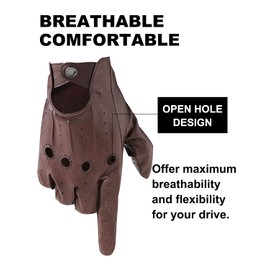 LIBO Genuine Leather Driving Gloves for Men Women, Unlined Full Finger Motorcycle Gloves, Button Closure (Non Touchscreen)