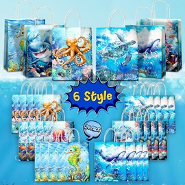 JOYGATHER 24 Pcs Sea Party Favors Bags with Handles, Ocean Animals Goodie Bags, Gift Bags, Candy Bags with 6 Different Types, Ocean Kraft Paper Bags for Birthday Party Supplies Baby Shower Decorations
