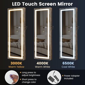 CHARMAID LED Mirror Jewelry Cabinet, Lockable Jewelry Armoire with Adjustable Lighted Full Length Mirror, 3 Lighting Sets, Wall Mounted Door Hanging Jewelry Storage Organizer (Rustic Brown, 42.5''H)